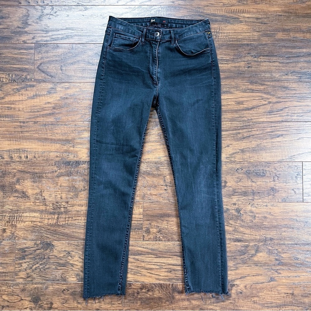 3x1 • Split-Seam Skinny Mid-Rise Jeans black stretch denim raw hem ankle cropped